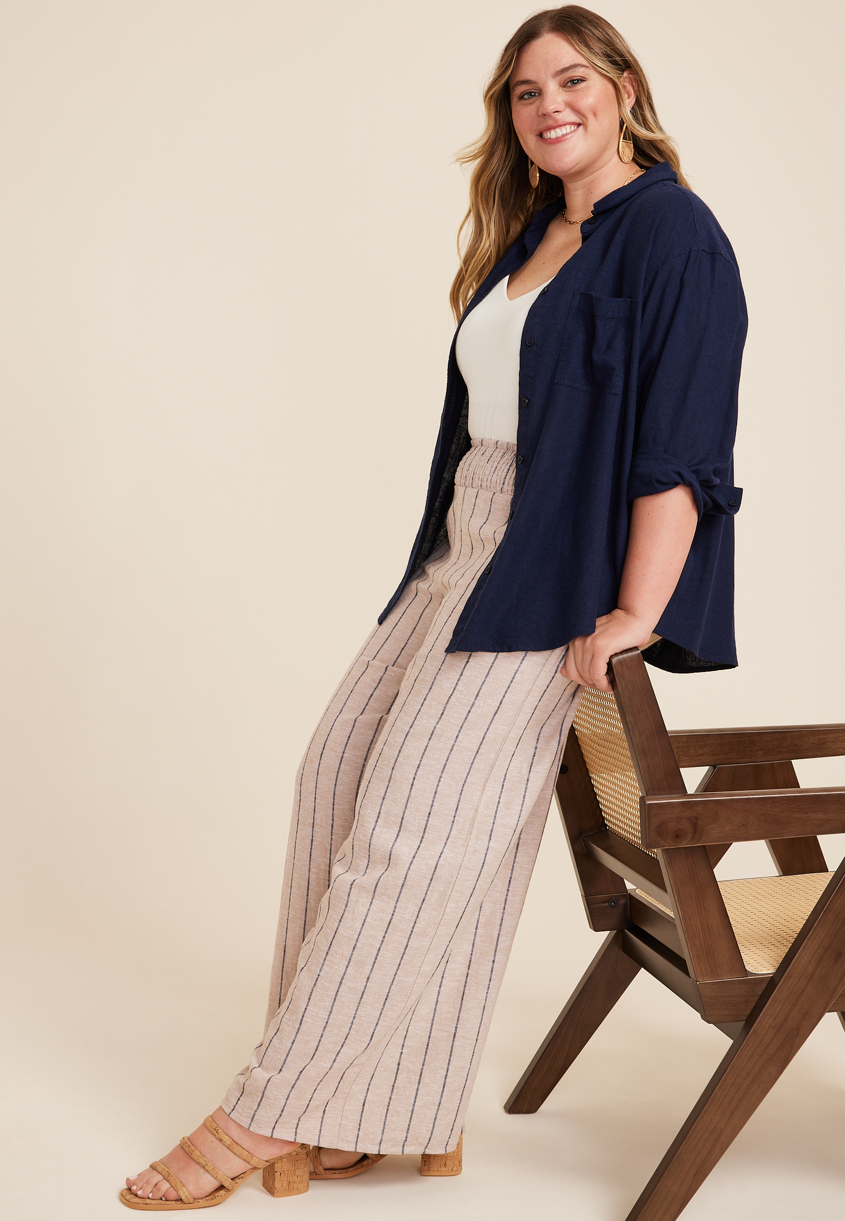 Plus Size Striped High Rise Linen Palazzo Pant, C5330, large