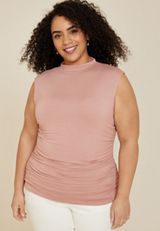 Plus Size Double Layer Shirred Mock Neck Tank Top, C3343, small