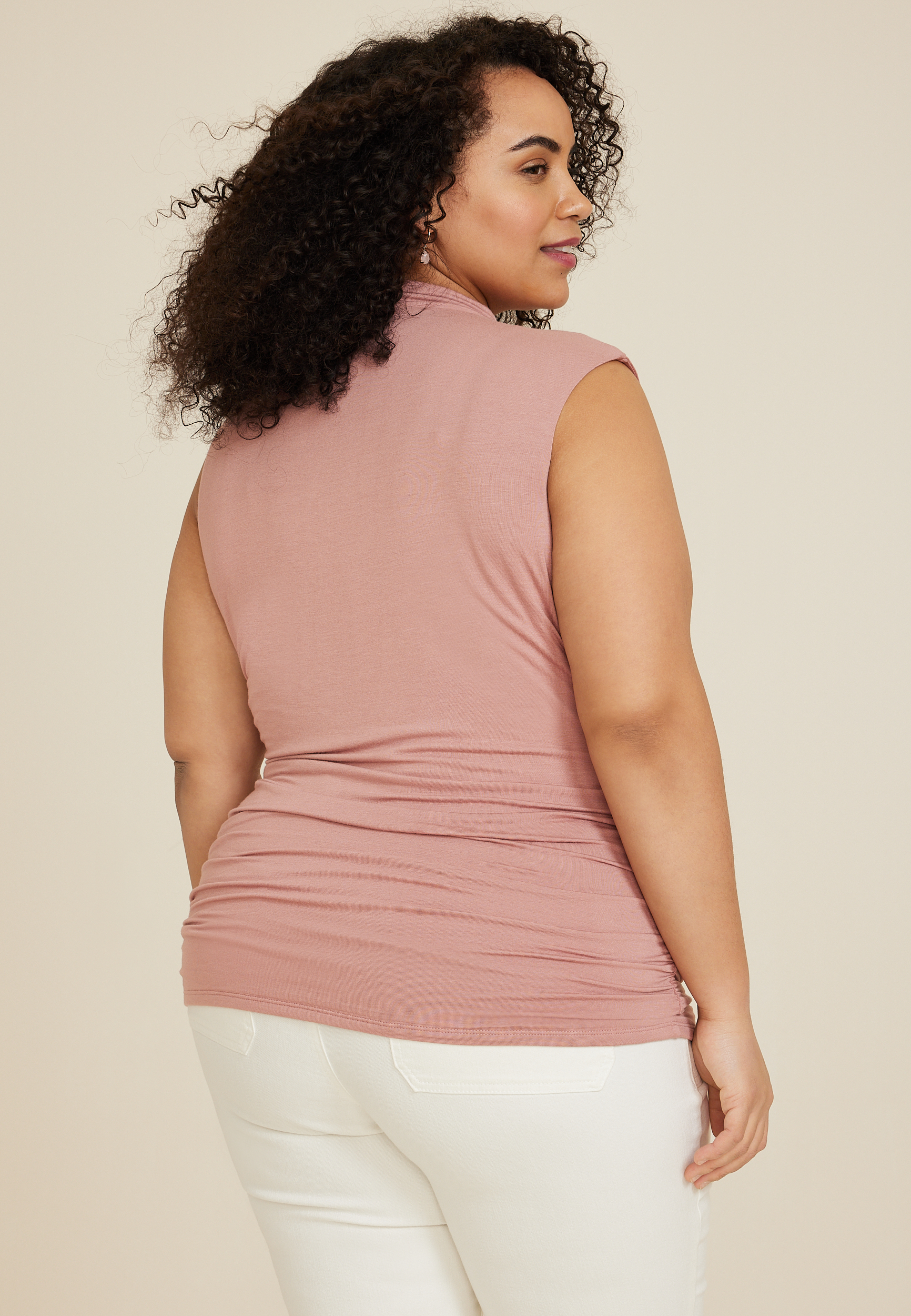 Plus Size Double Layer Shirred Mock Neck Tank Top, C3343, large