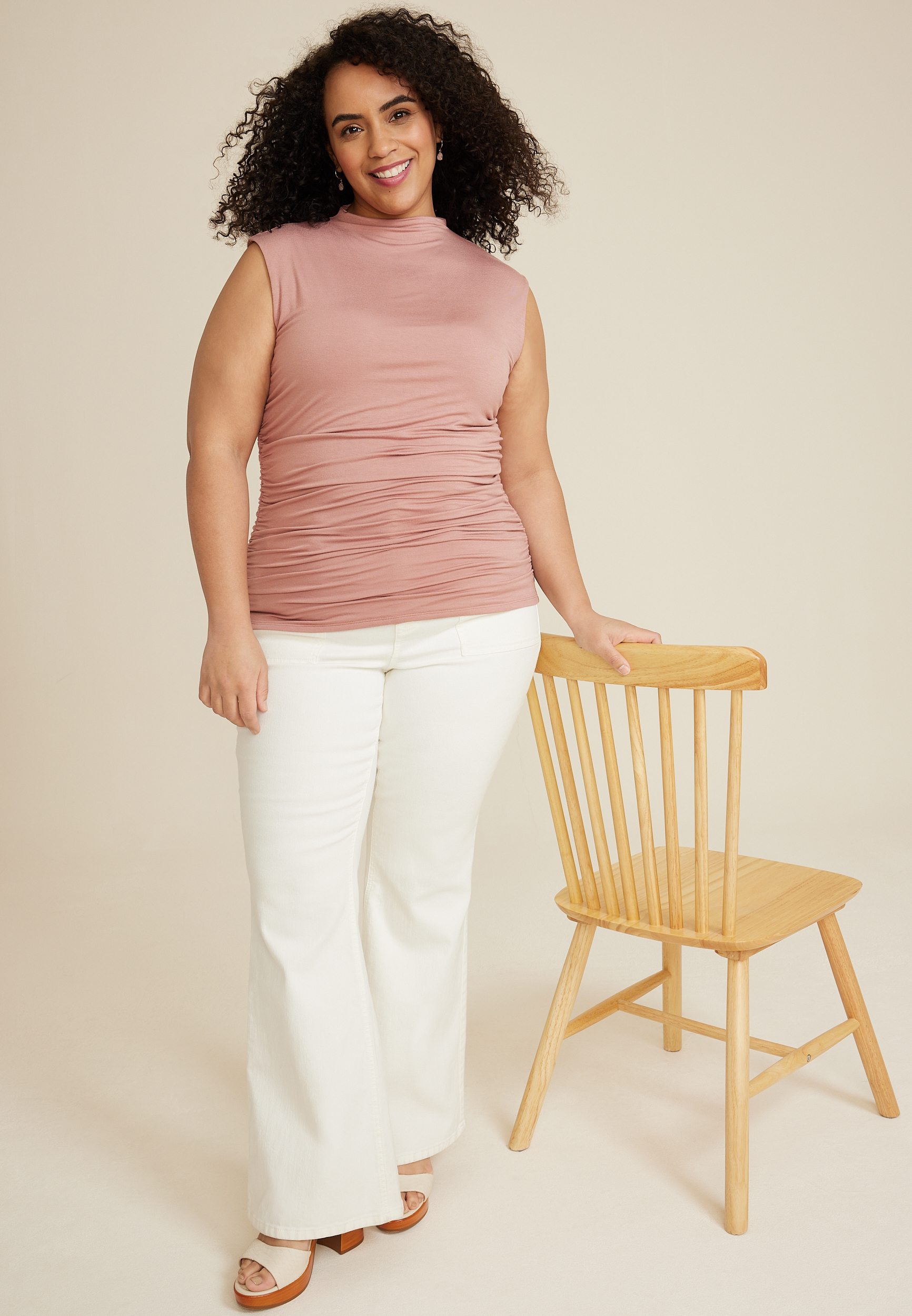 Plus Size Double Layer Shirred Mock Neck Tank Top, C3343, large