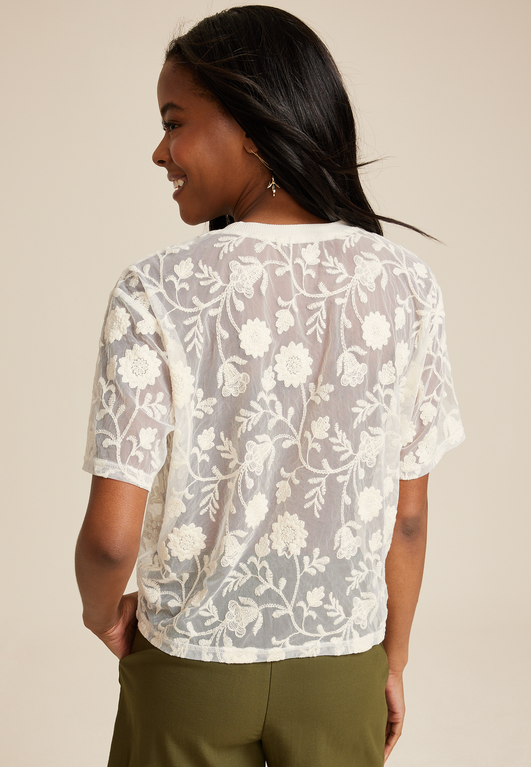 Floral Embroidered Blouse, ECRU, large