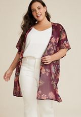 Plus Size Burgundy Floral Kimono, C5032, small