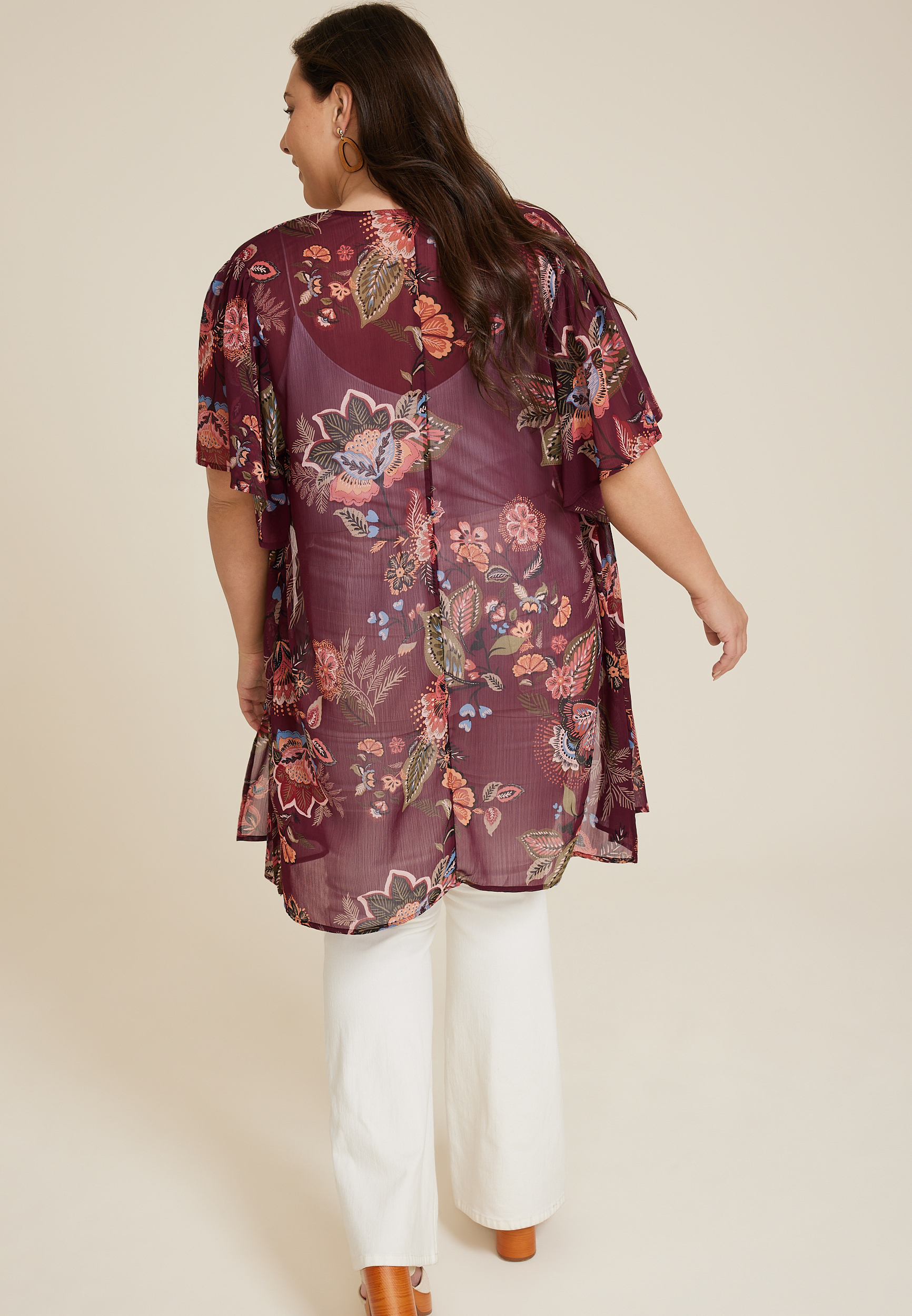 Plus Size Burgundy Floral Kimono, C5032, large