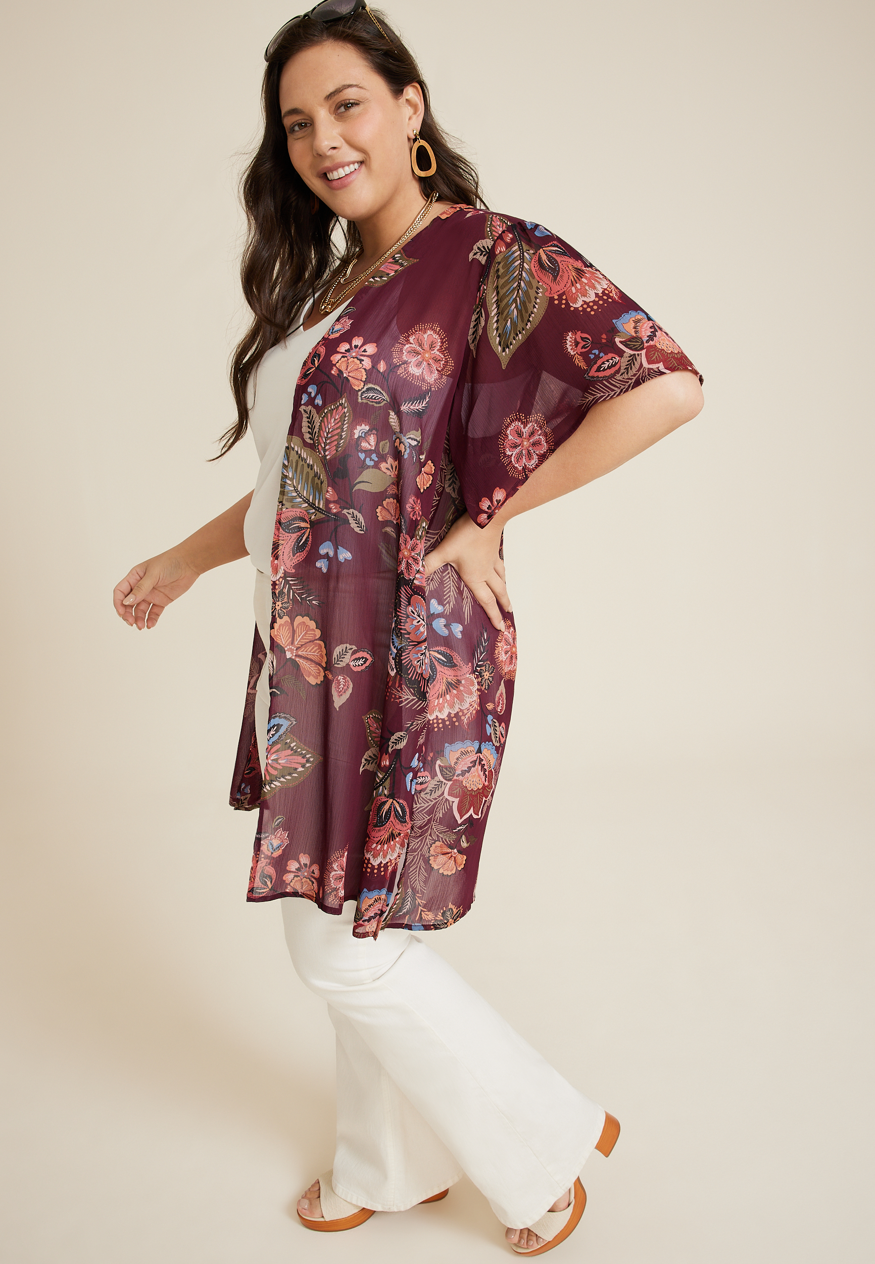 Plus Size Burgundy Floral Kimono, C5032, large