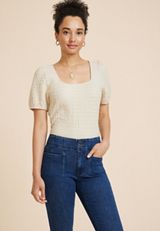 Textured Short Sleeve Blouse, ALMOND CREAM, small