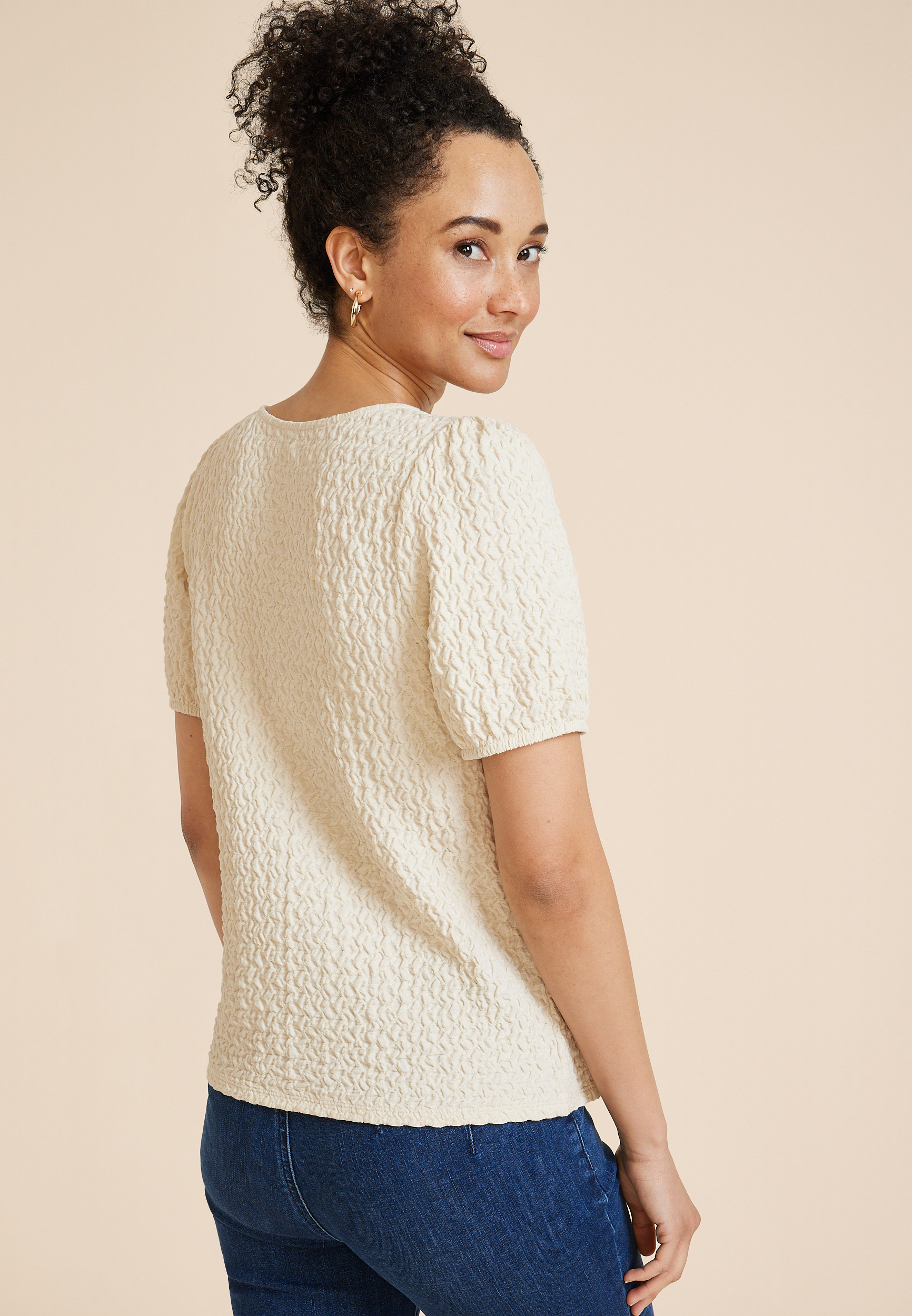Textured Short Sleeve Blouse, ALMOND CREAM, large