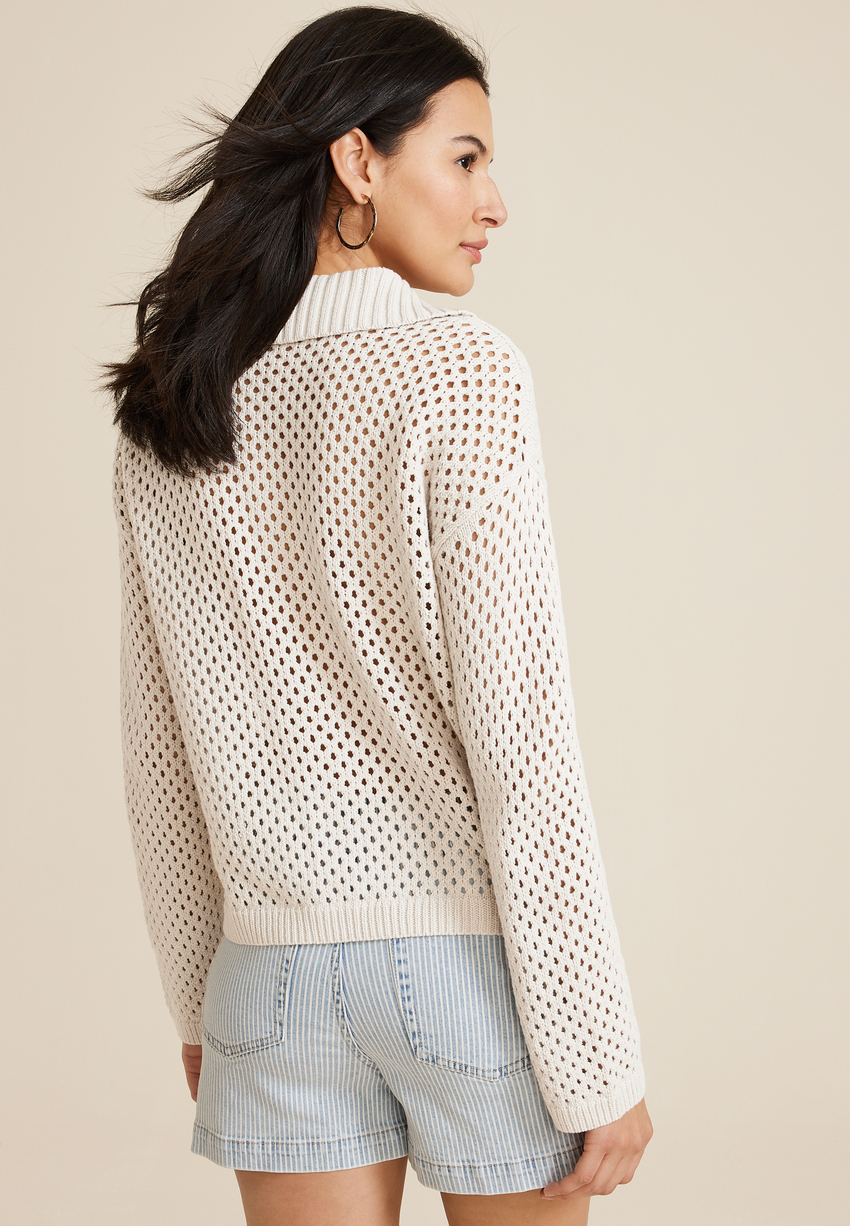 Open Stitch Collar Cardigan, ALMOND CREAM, large