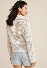Open Stitch Collar Cardigan, ALMOND CREAM, small