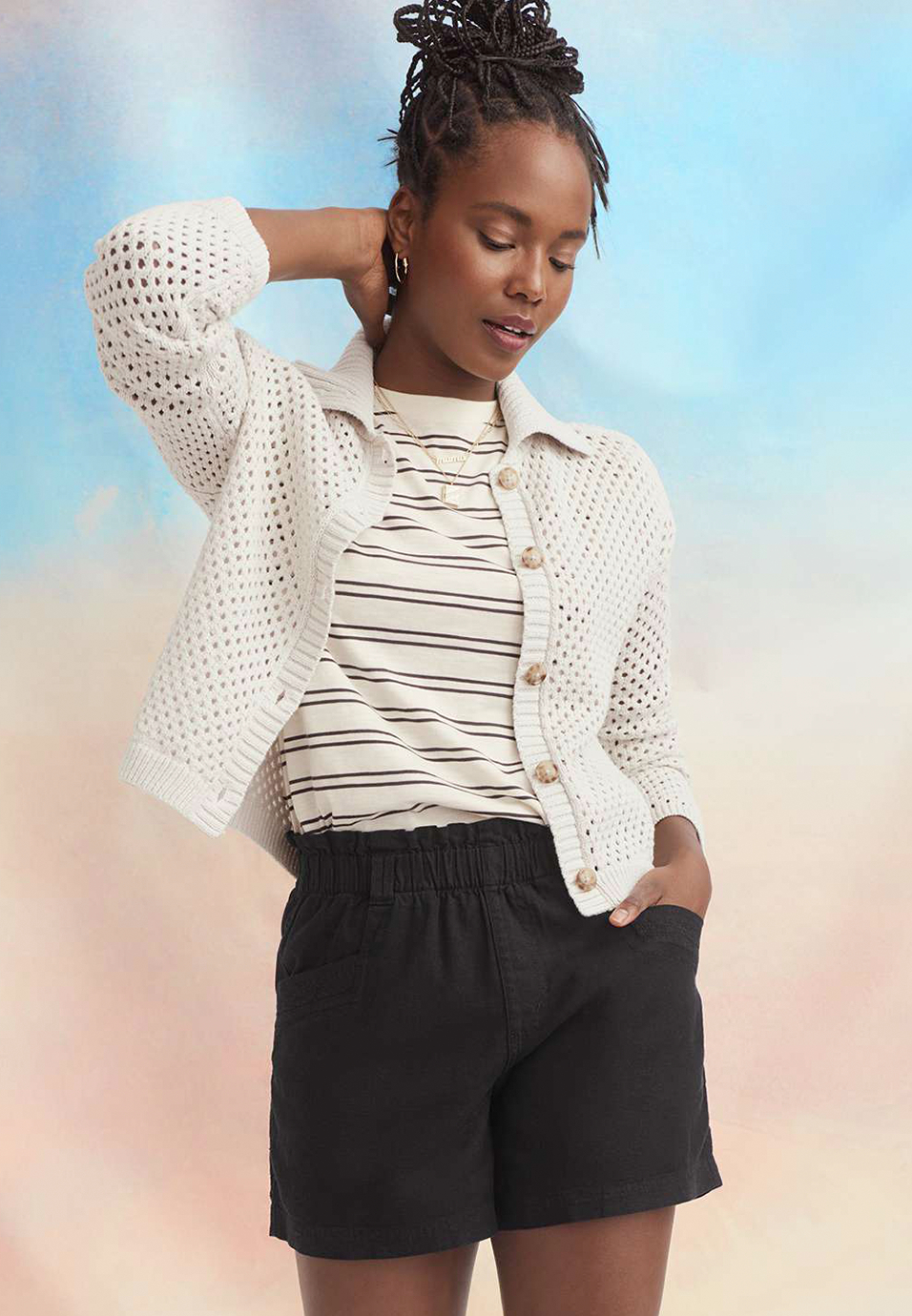 Open Stitch Collar Cardigan, ALMOND CREAM, large