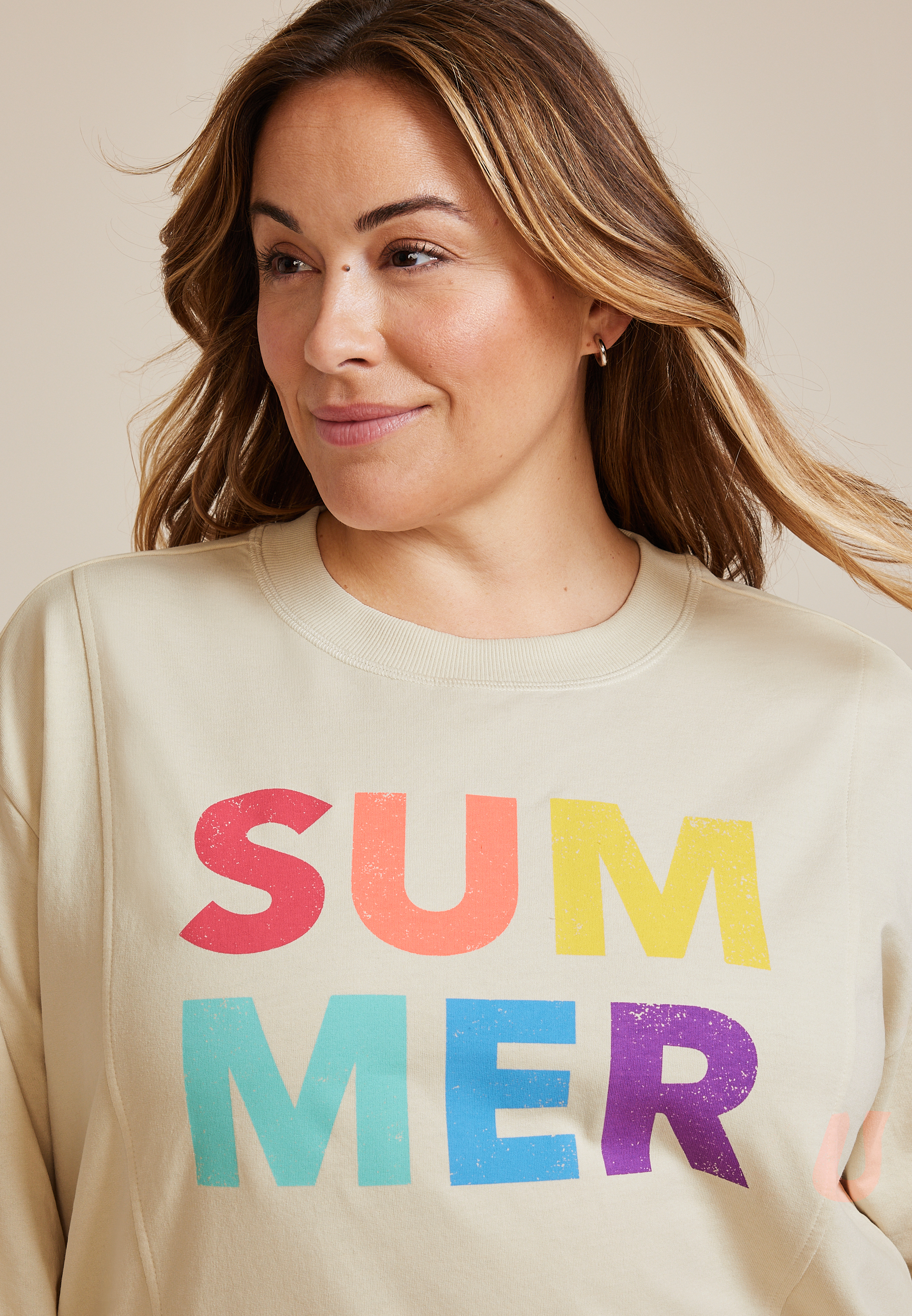 Plus Size Summer Relaxed Fit Sweatshirt, ALMOND CREAM, large