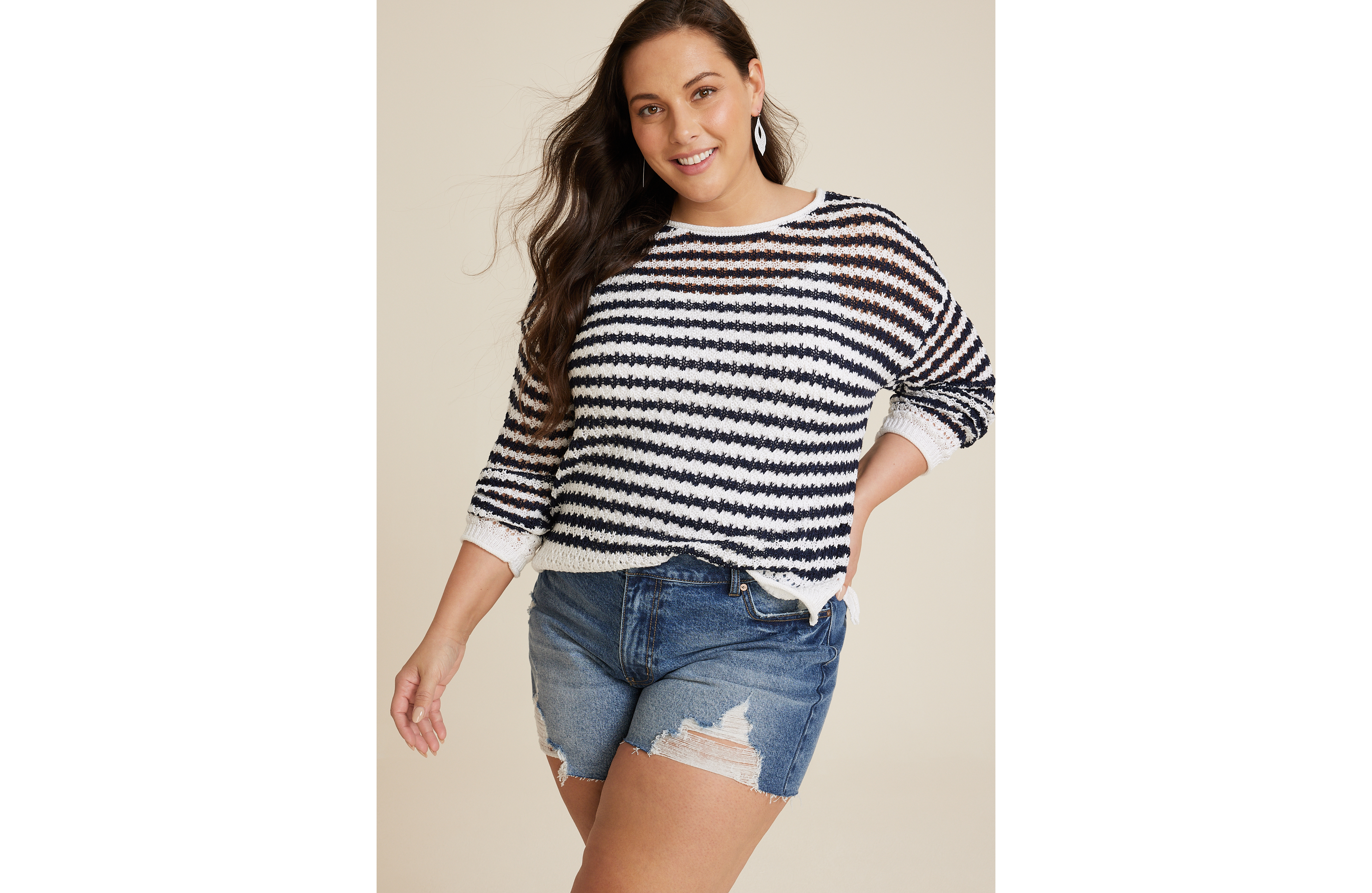Plus Striped Open Stitch Sweater