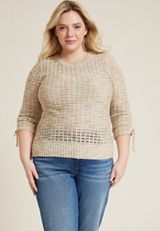 Plus Size Marled Pointelle Cinched Sleeve Sweater, C6074, small
