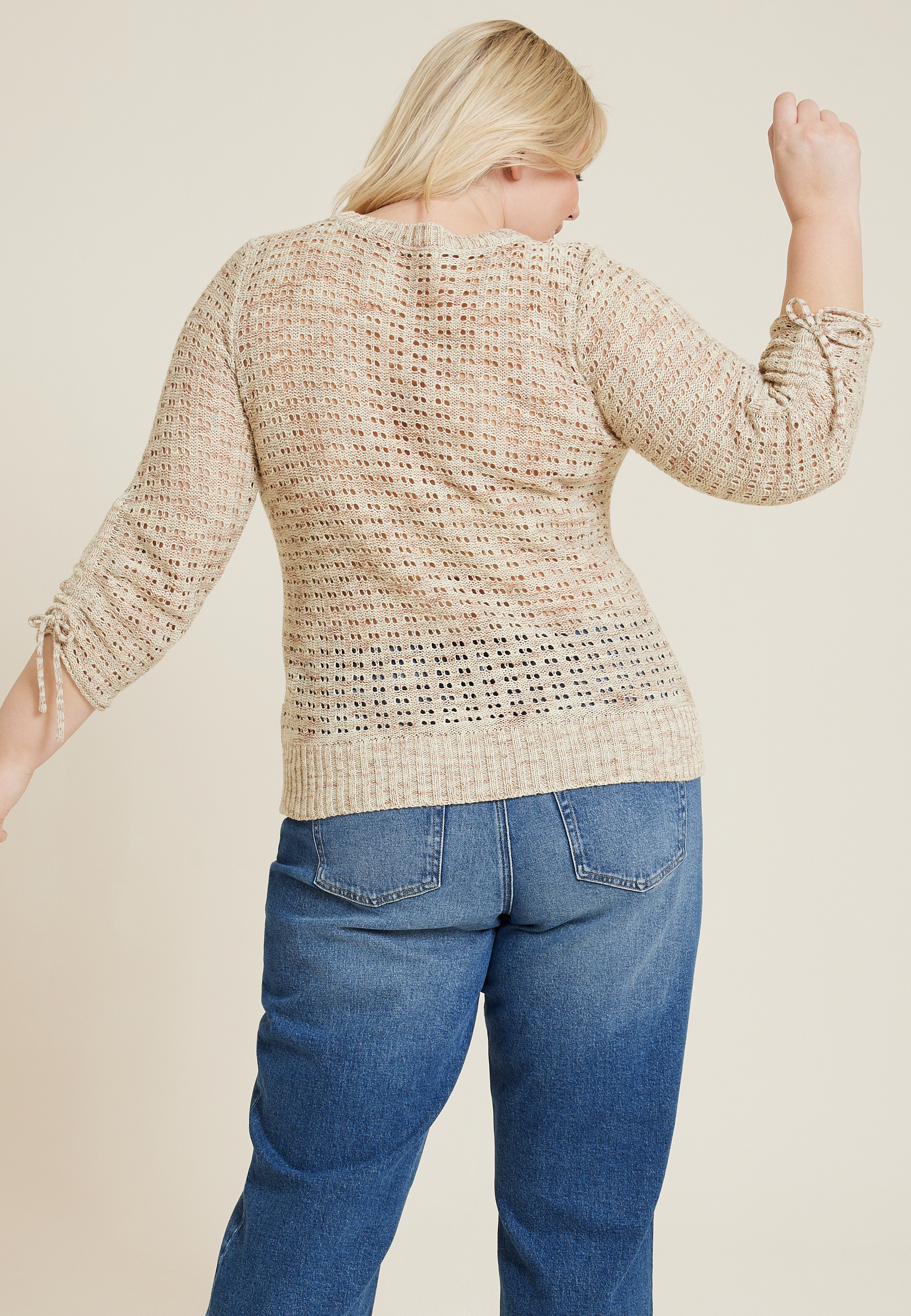 Plus Size Marled Pointelle Cinched Sleeve Sweater, C6074, large