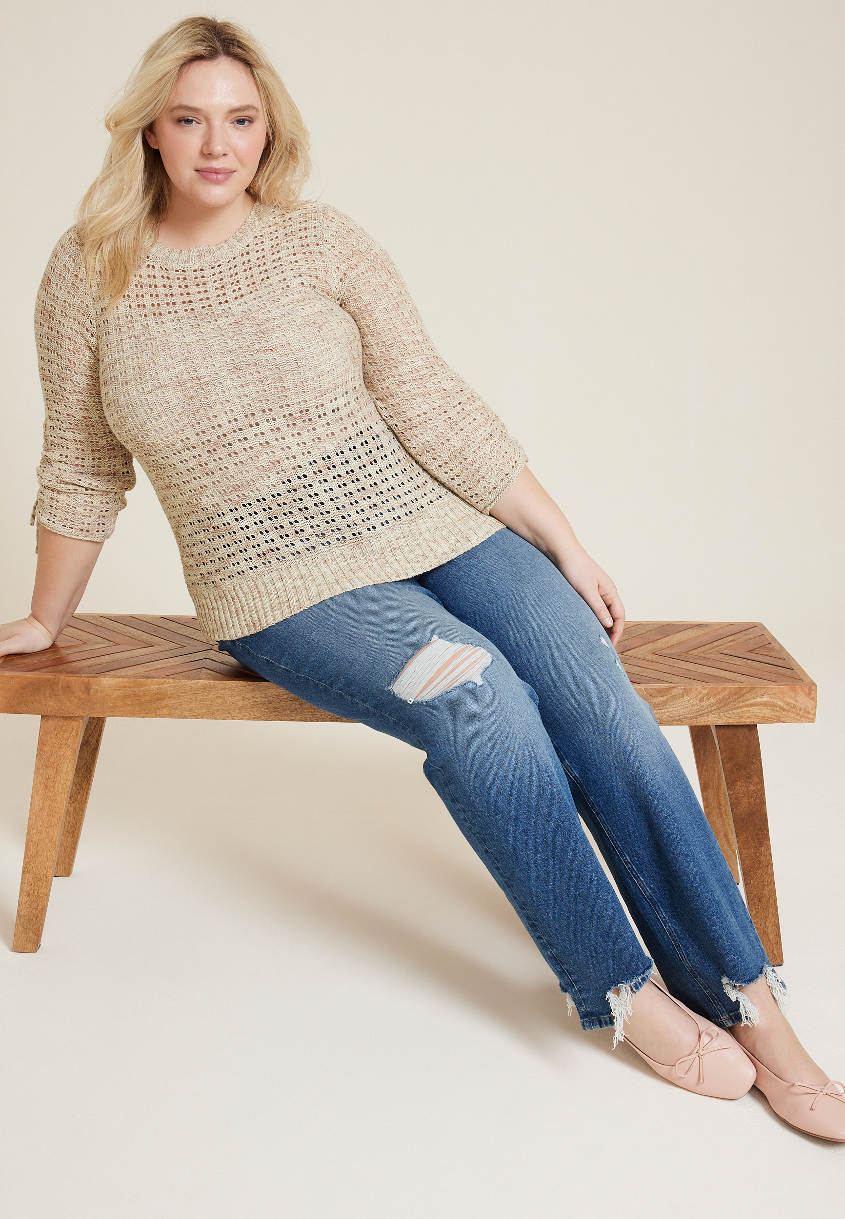 Plus Size Marled Pointelle Cinched Sleeve Sweater, C6074, large