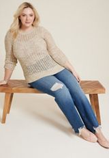 Plus Size Marled Pointelle Cinched Sleeve Sweater, C6074, small