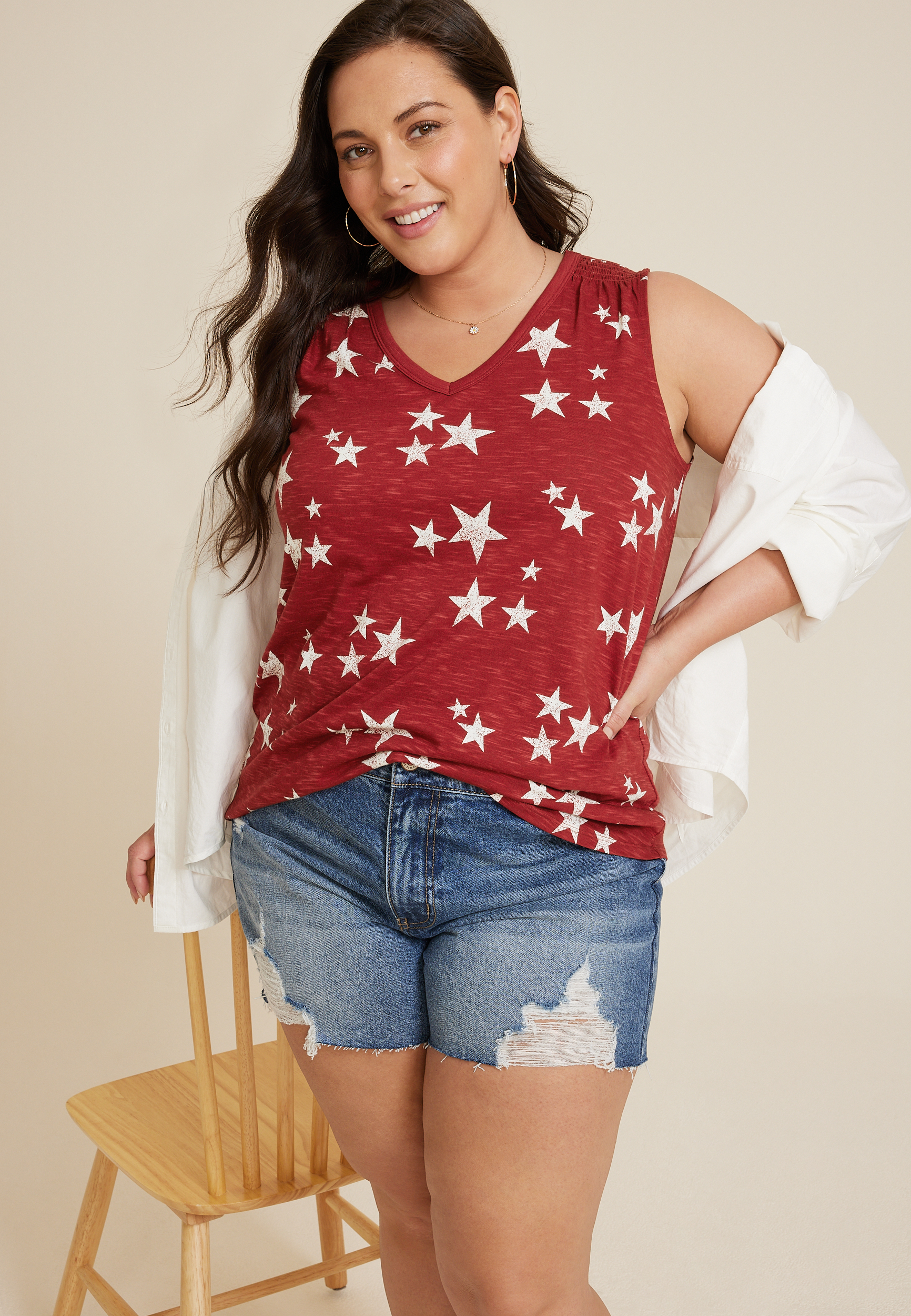 Plus Size 24/7 Morgan Stars V Neck Tank Top, C6875, large