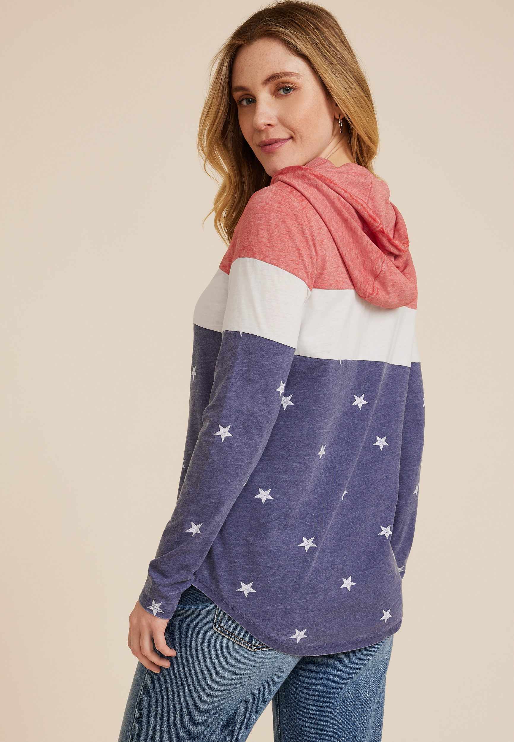 Americana Stars Colorblock Hoodie, BLUE JASMINE COMBO, large