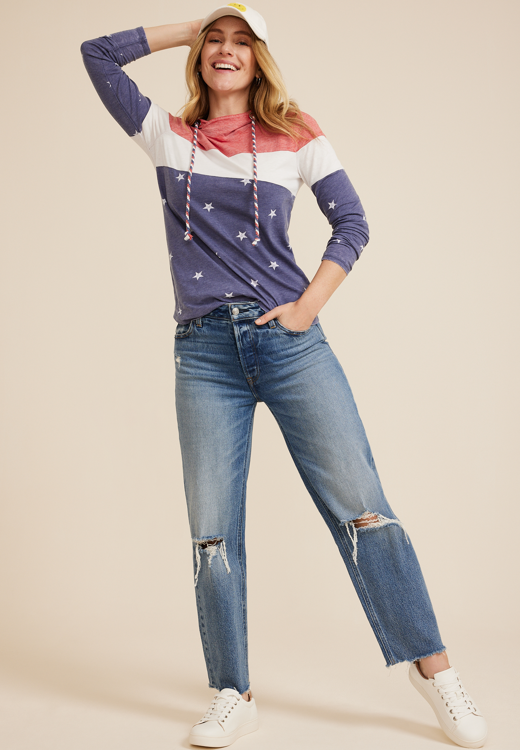 Americana Stars Colorblock Hoodie, BLUE JASMINE COMBO, large