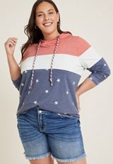 Plus Size Americana Stars Colorblock Hoodie, BLUE JASMINE COMBO, small