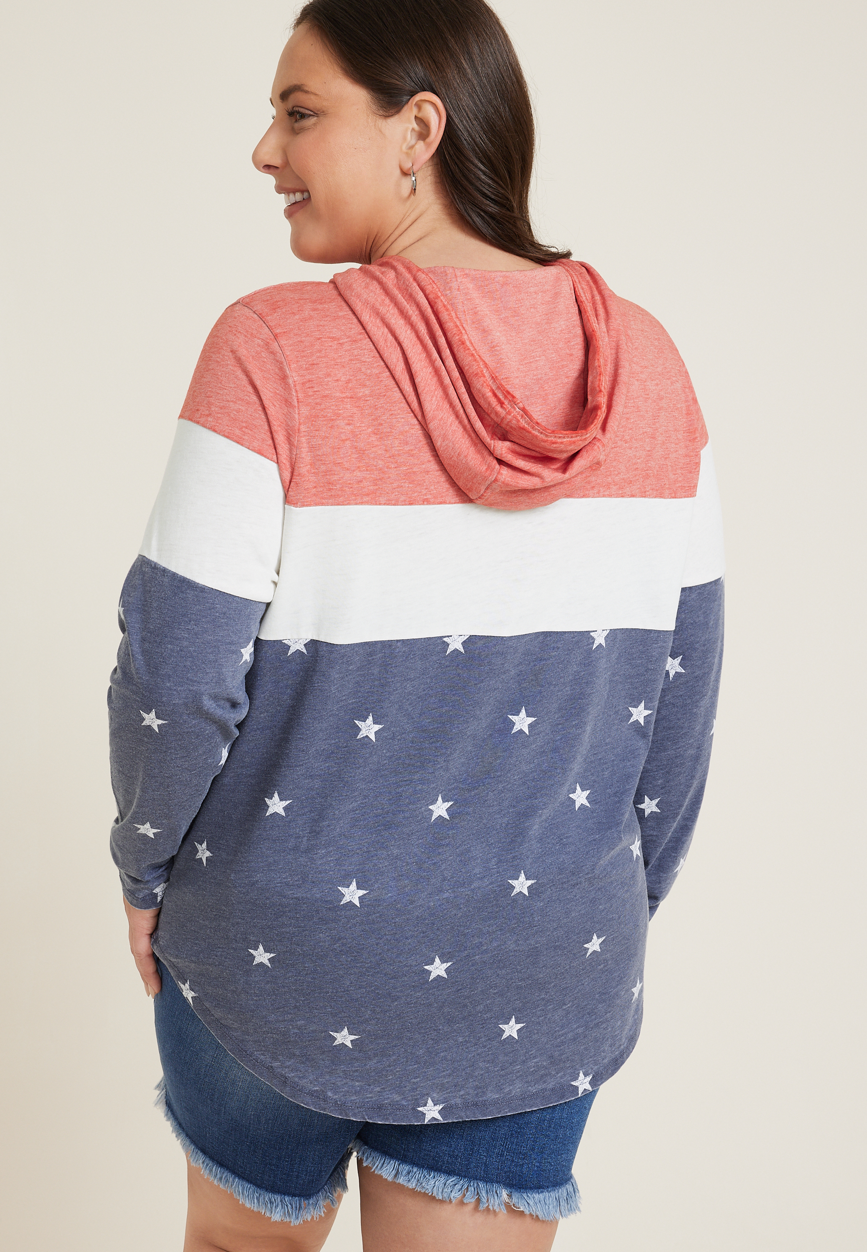 Plus Size Americana Stars Colorblock Hoodie, BLUE JASMINE COMBO, large