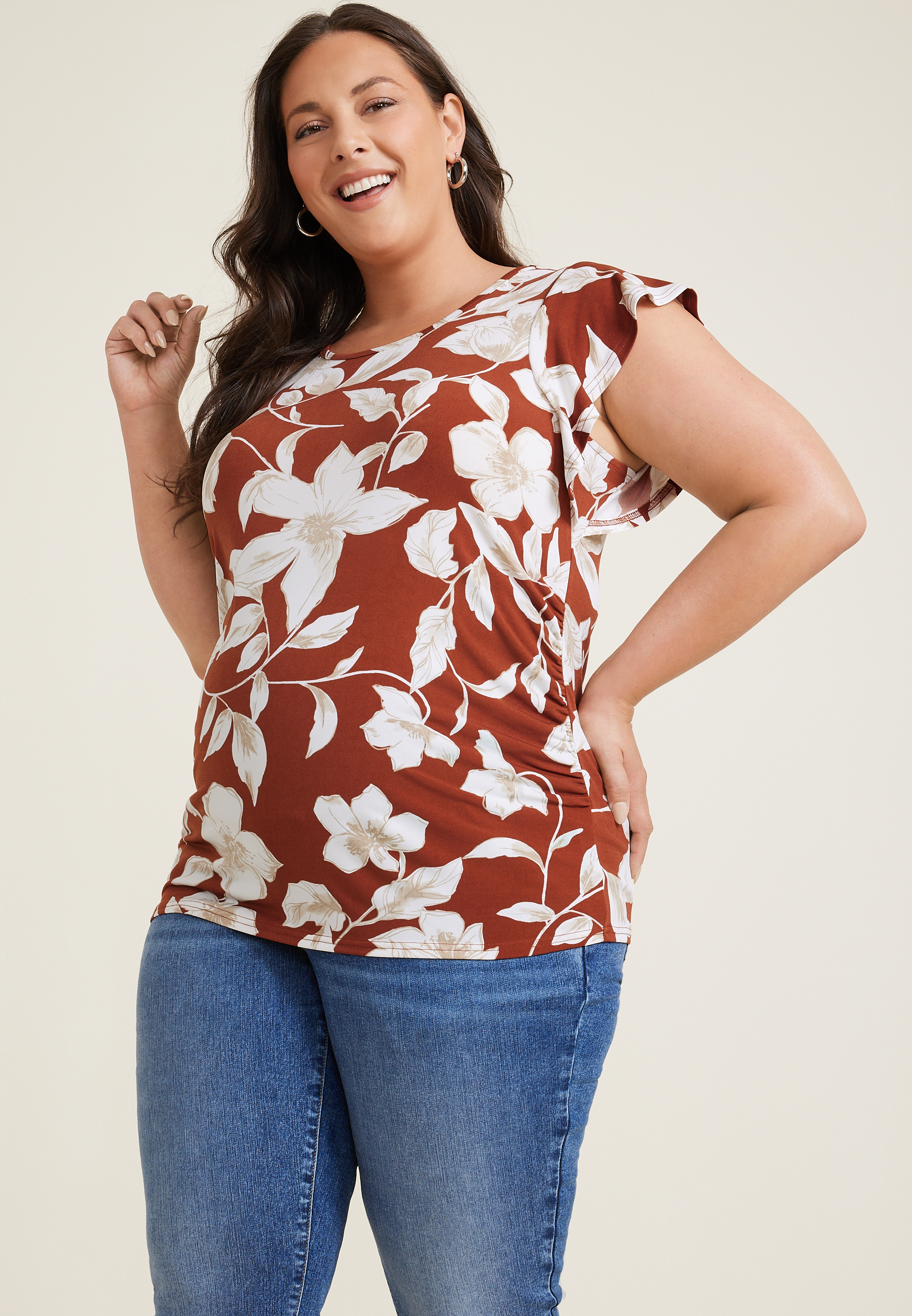 Plus Size Floral Flutter Sleeve Maternity Tee
