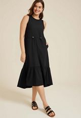 Sleeveless Tiered Midi Dress, BLACK, small