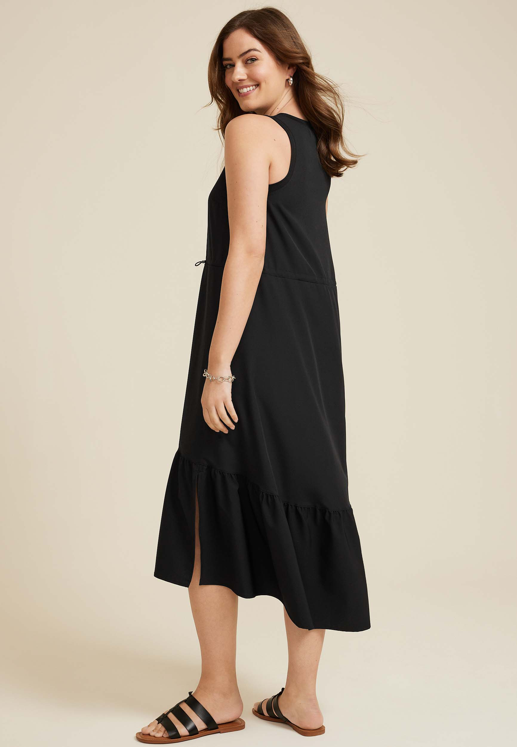 Sleeveless Tiered Midi Dress, BLACK, large