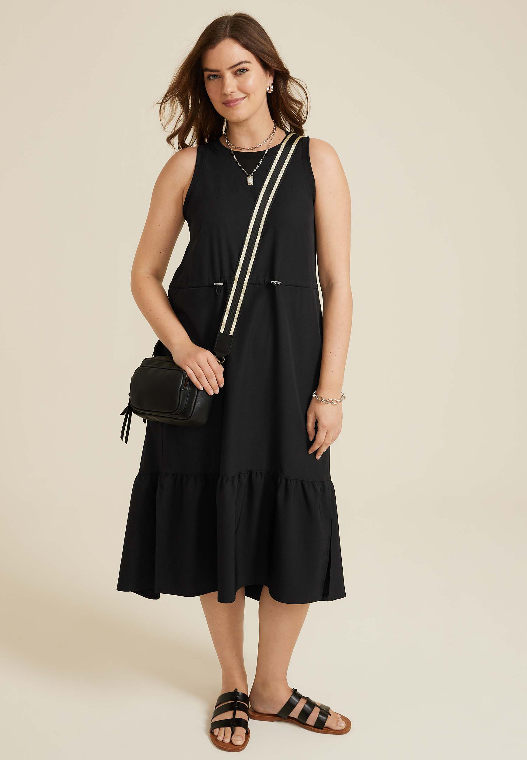 Sleeveless Tiered Midi Dress, BLACK, large