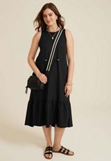 Sleeveless Tiered Midi Dress, BLACK, small