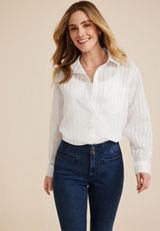 Relaxed Sheer Stripe Button Front Blouse, SOFT WHITE, small