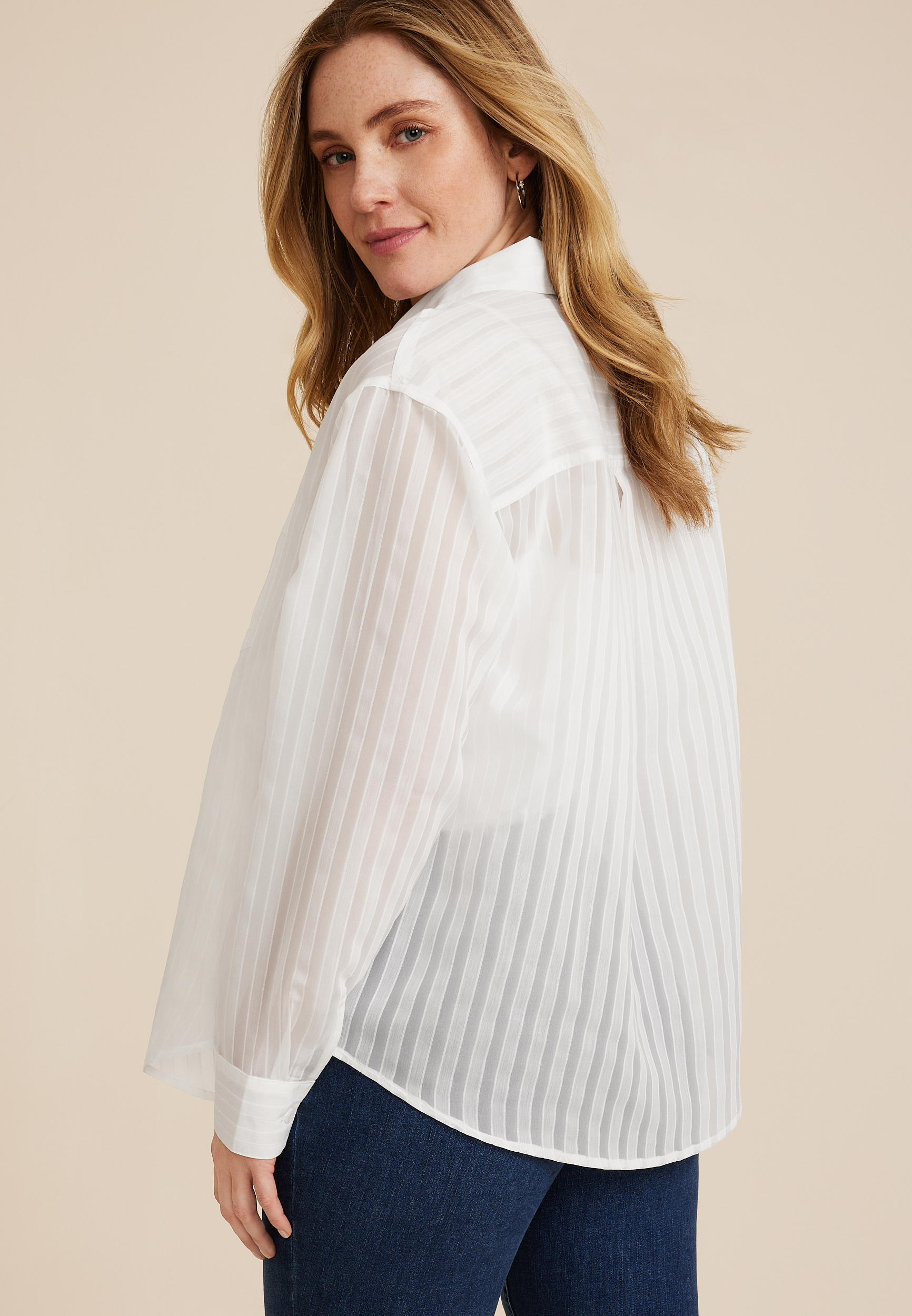 Relaxed Sheer Stripe Button Front Blouse, SOFT WHITE, large