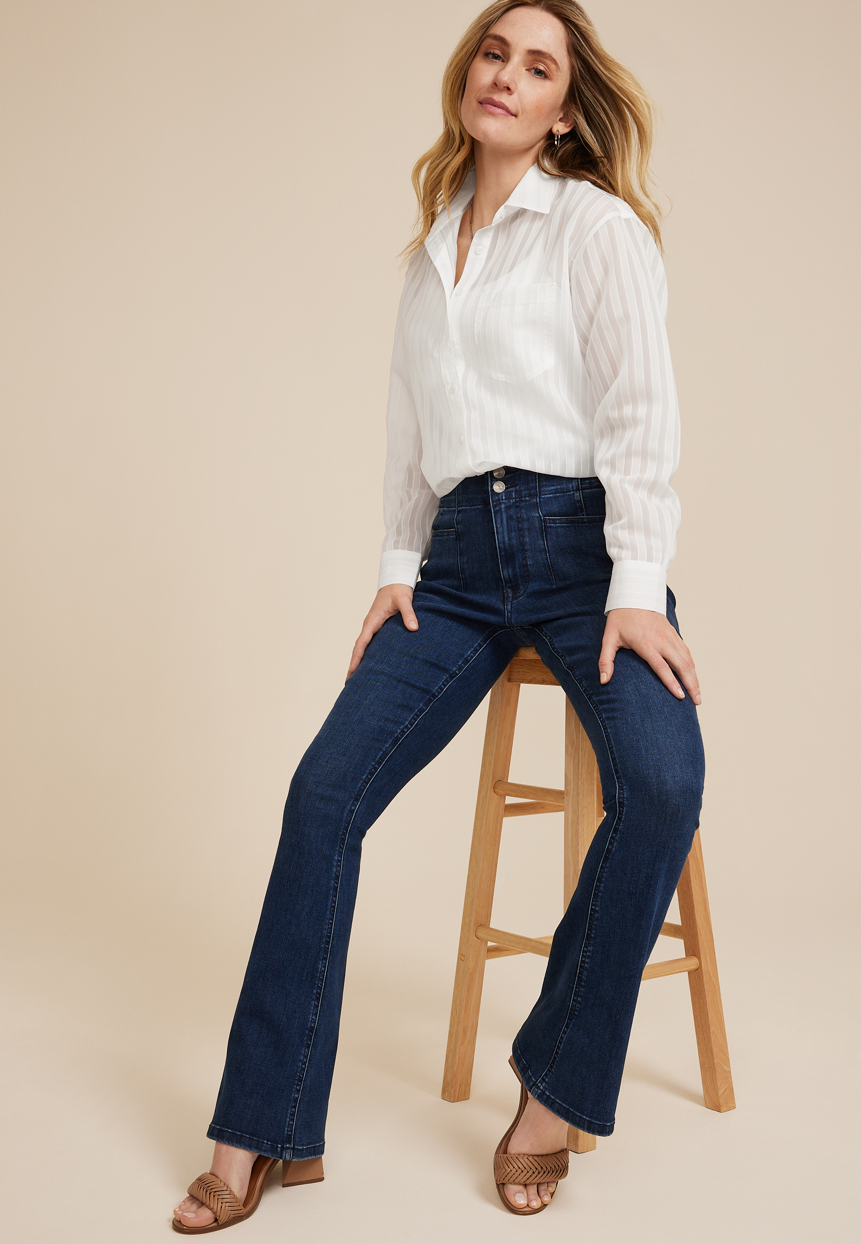 Relaxed Sheer Stripe Button Front Blouse, SOFT WHITE, large