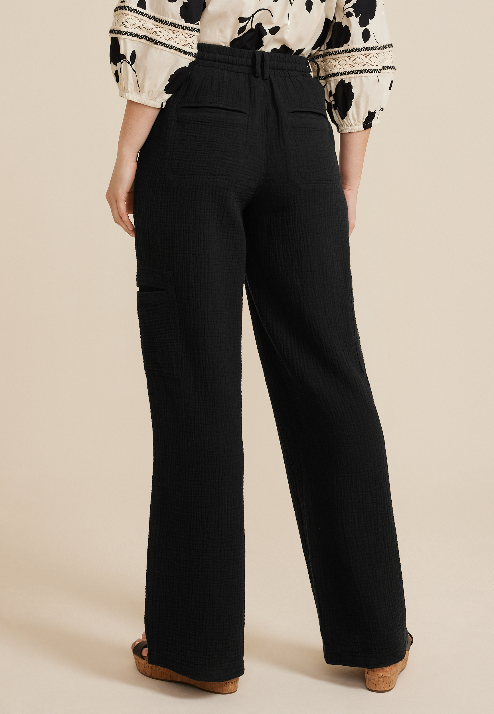 High Rise Double Cloth Cargo Wide Leg Pant, BLACK, large