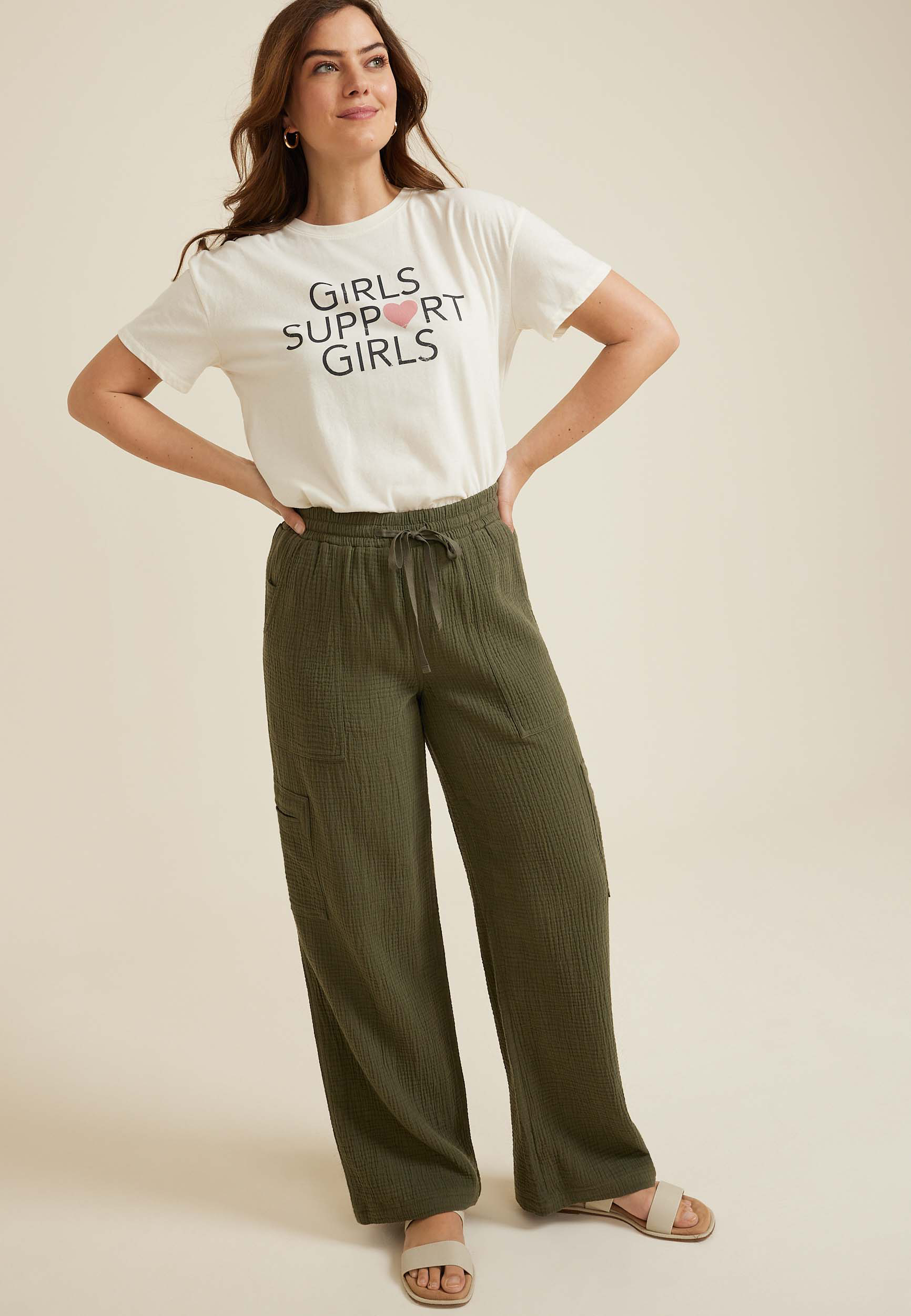 High Rise Double Cloth Cargo Wide Leg Pant