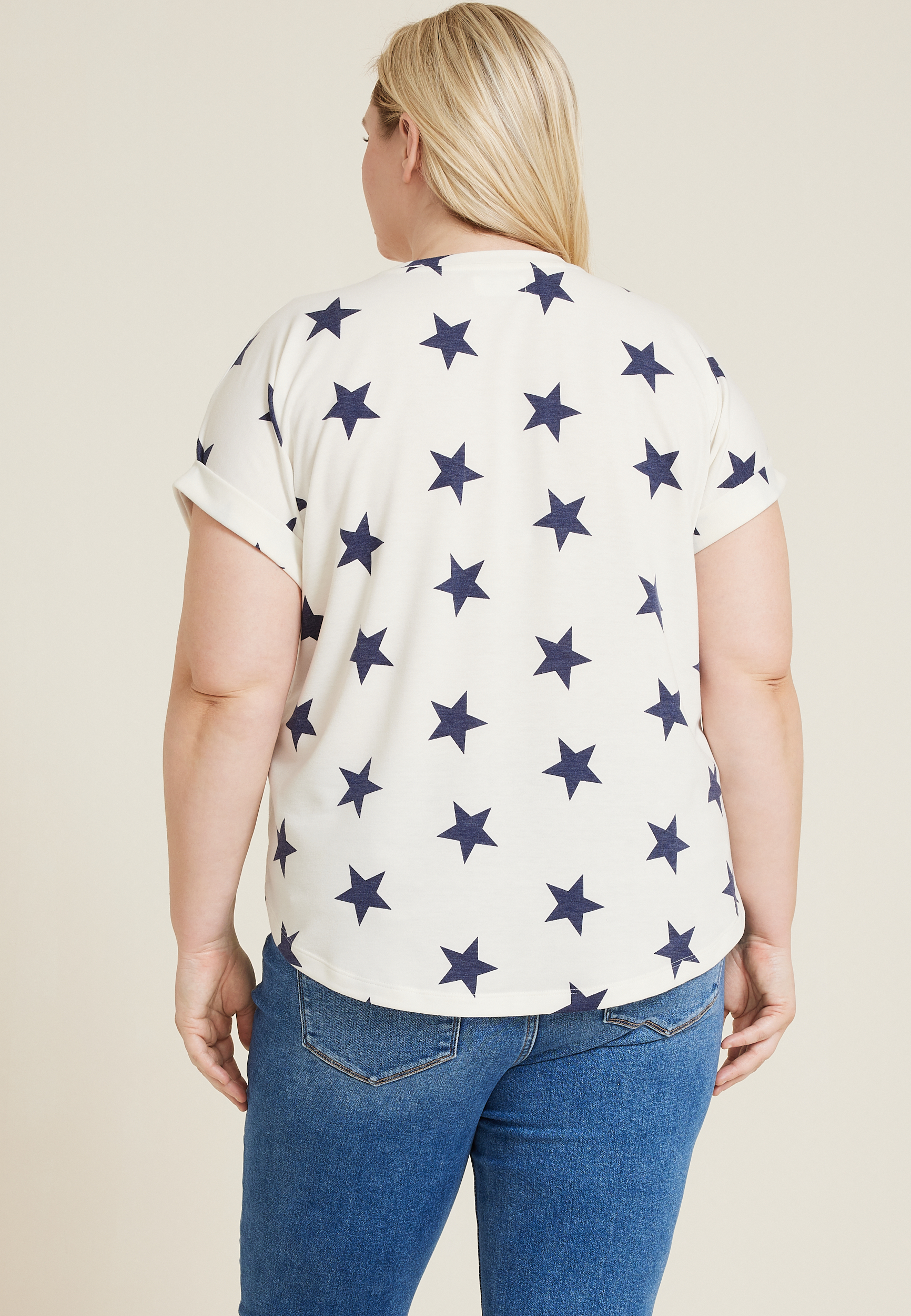 Plus Size 24/7 Clara Star Short Sleeve Tee, SOFT WHITE COMBO, large