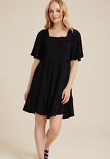 Flutter Sleeve Tiered Babydoll Dress, BLACK, small
