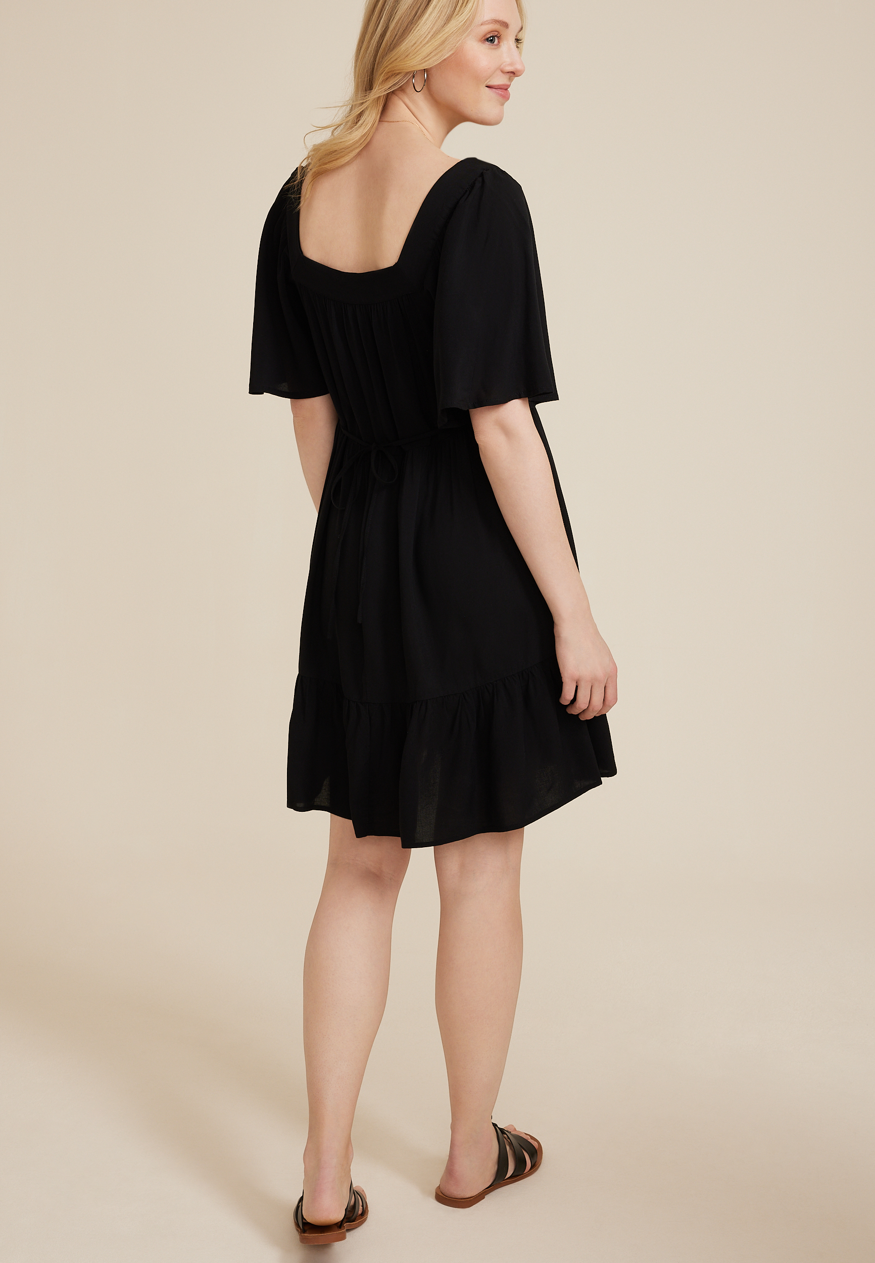 Flutter Sleeve Tiered Babydoll Dress, BLACK, large