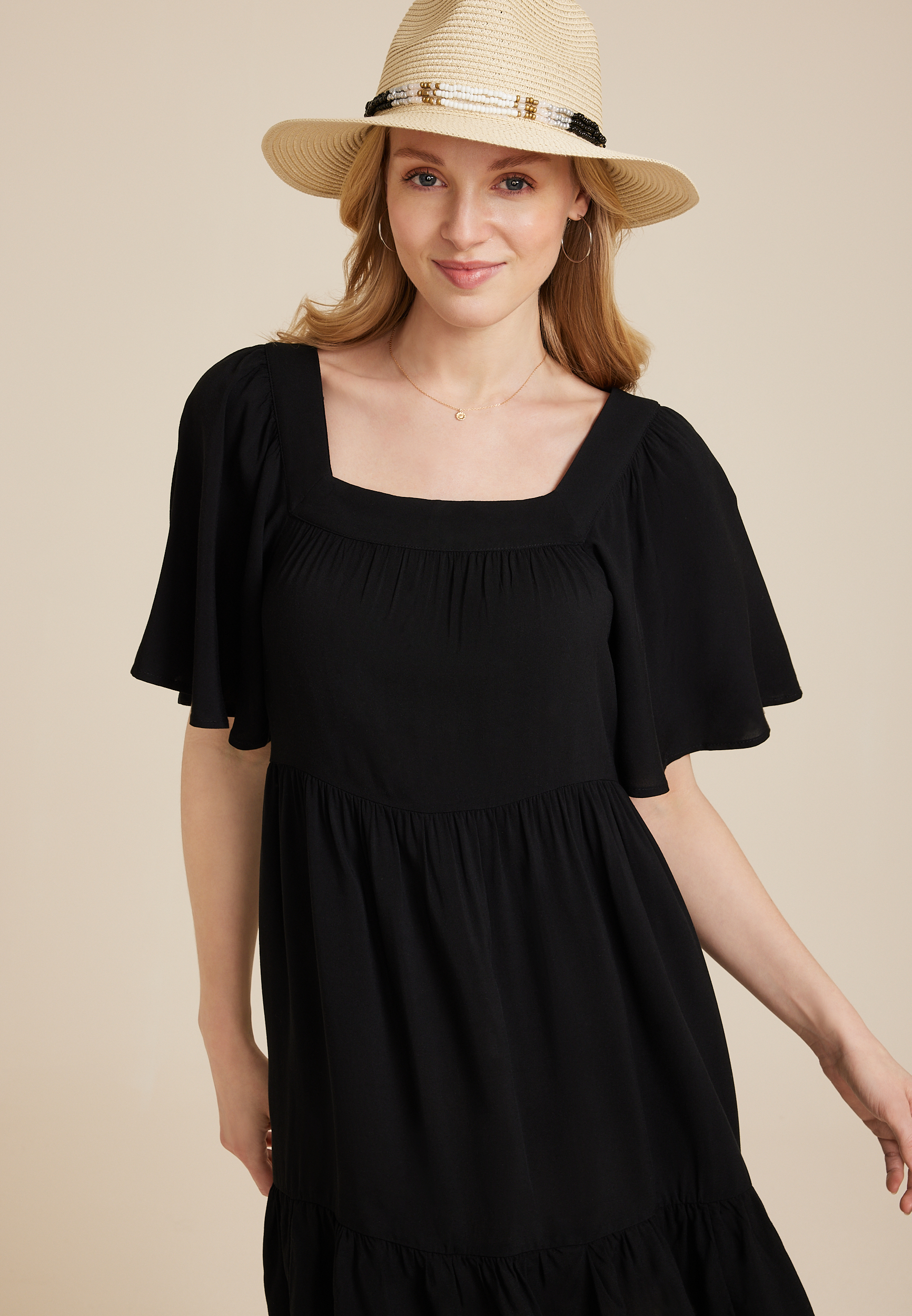 Flutter Sleeve Tiered Babydoll Dress, BLACK, large