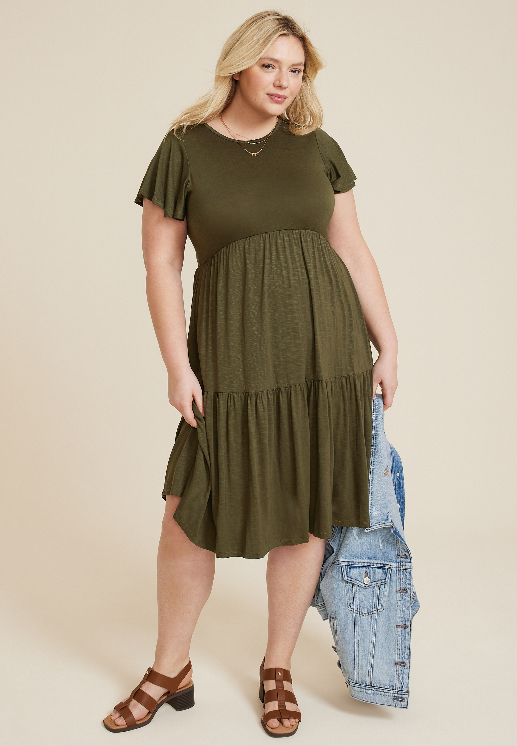 Plus Size 24/7 Flutter Sleeve Tiered Midi Dress, C6522, large