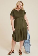Plus Size 24/7 Flutter Sleeve Tiered Midi Dress, C6522, small