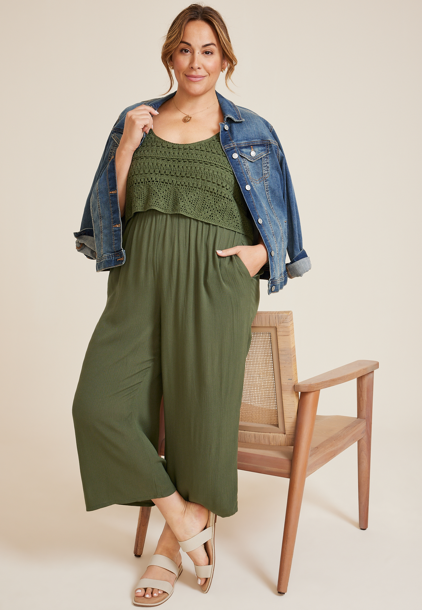 Plus Size Crochet Bodice Wide Leg Jumpsuit, C6522, large