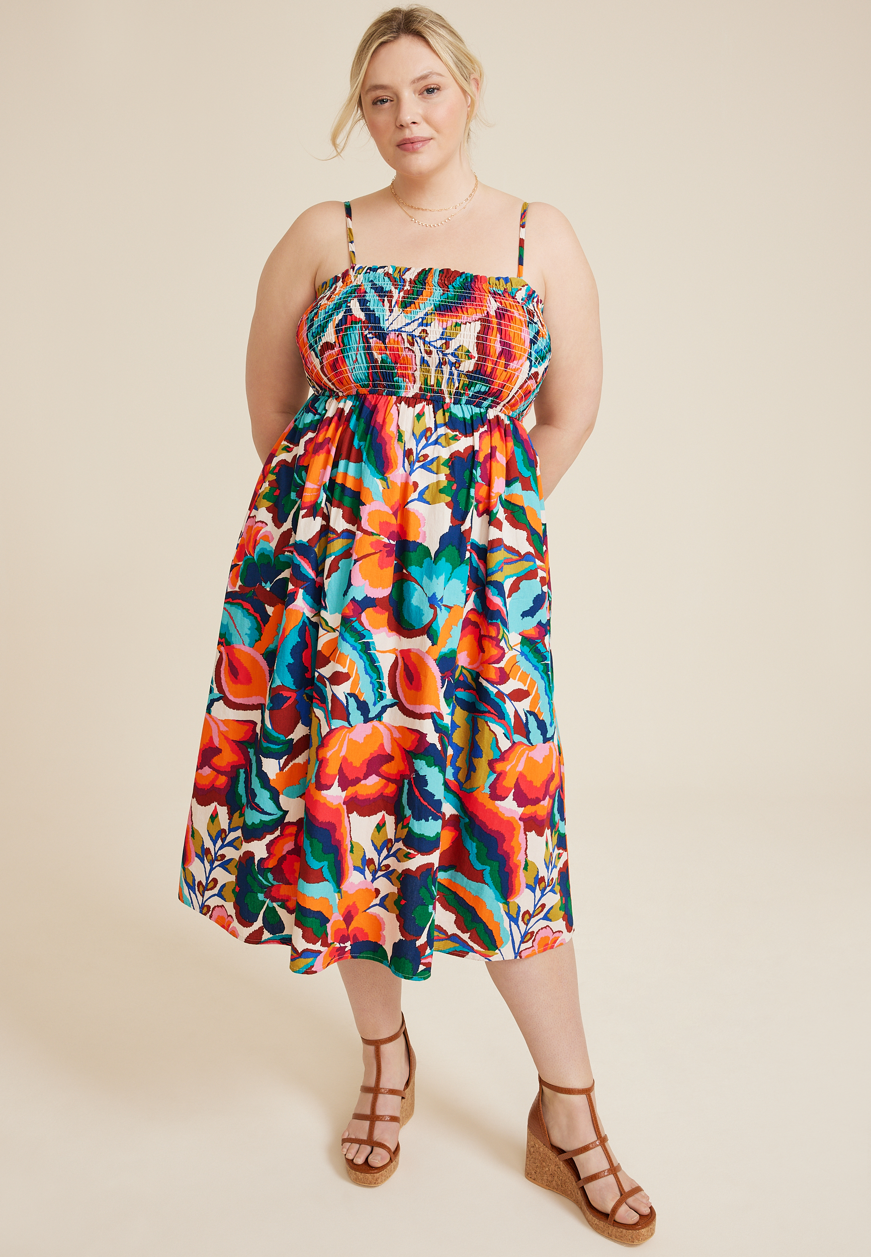 Plus Size Floral Smocked Poplin Midi Dress | maurices