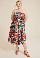 Plus Size Floral Smocked Poplin Midi Dress, MULTI COMBO, small