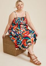 Plus Size Floral Smocked Poplin Midi Dress, MULTI COMBO, small