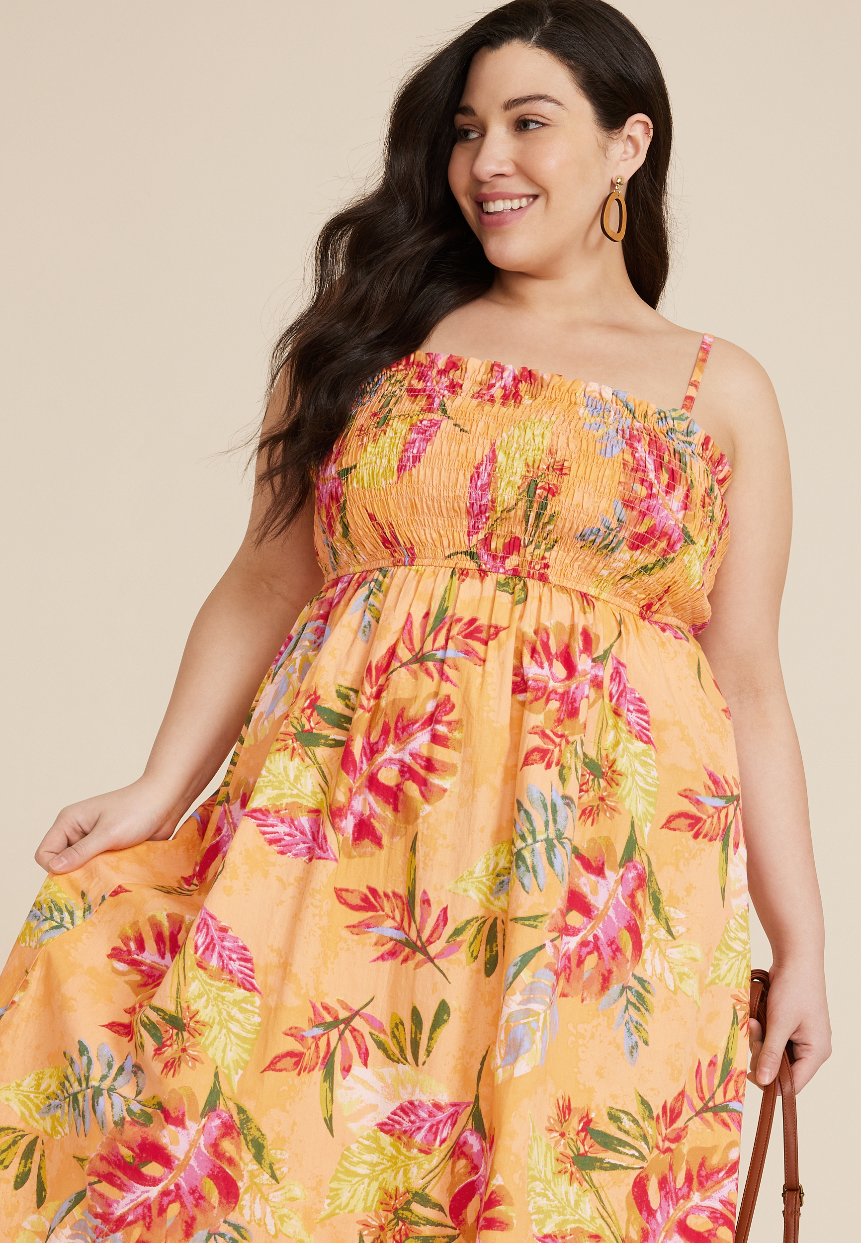 Plus Floral Smocked Poplin Midi Dress