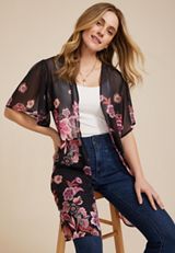 Black Floral Flutter Sleeve Kimono, C1756, small