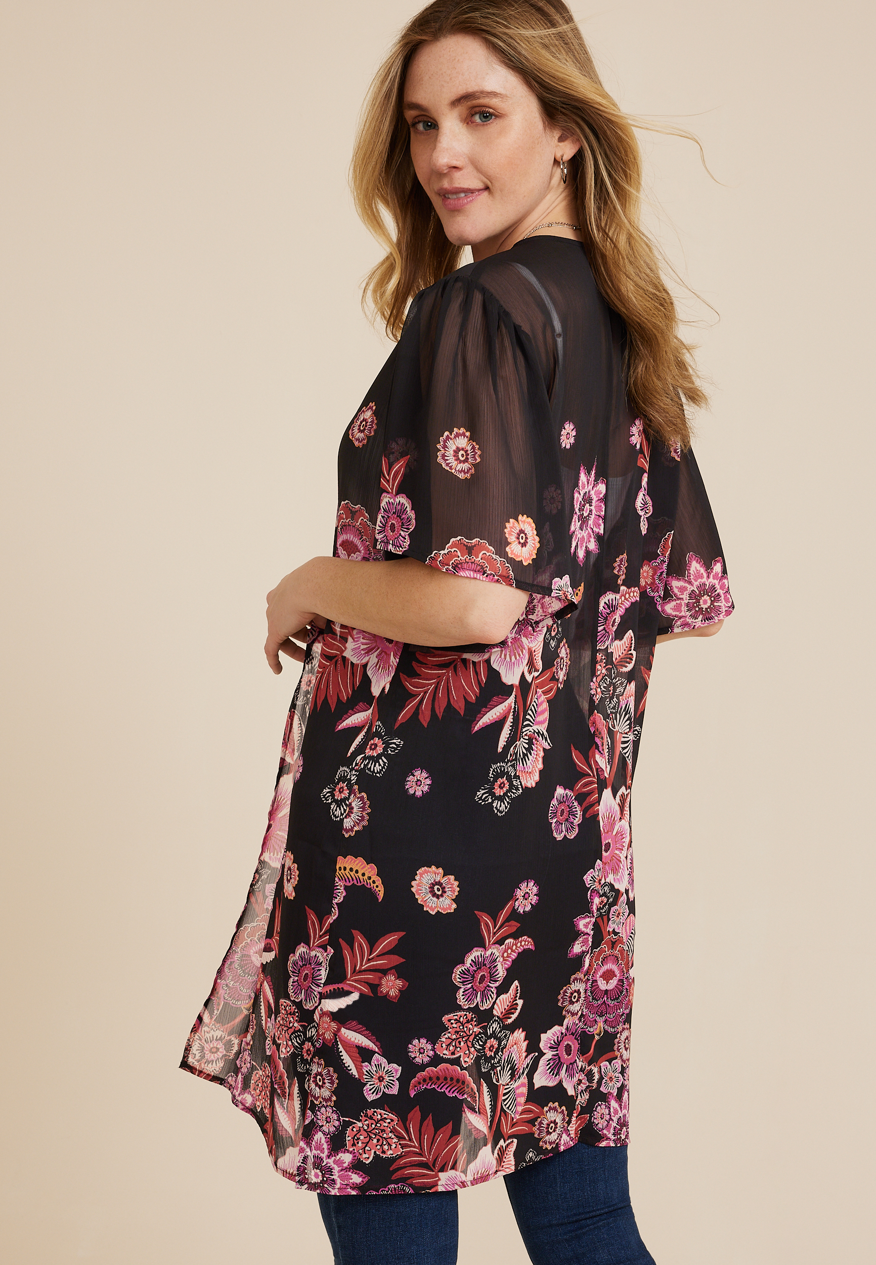 Black Floral Flutter Sleeve Kimono, C1756, large