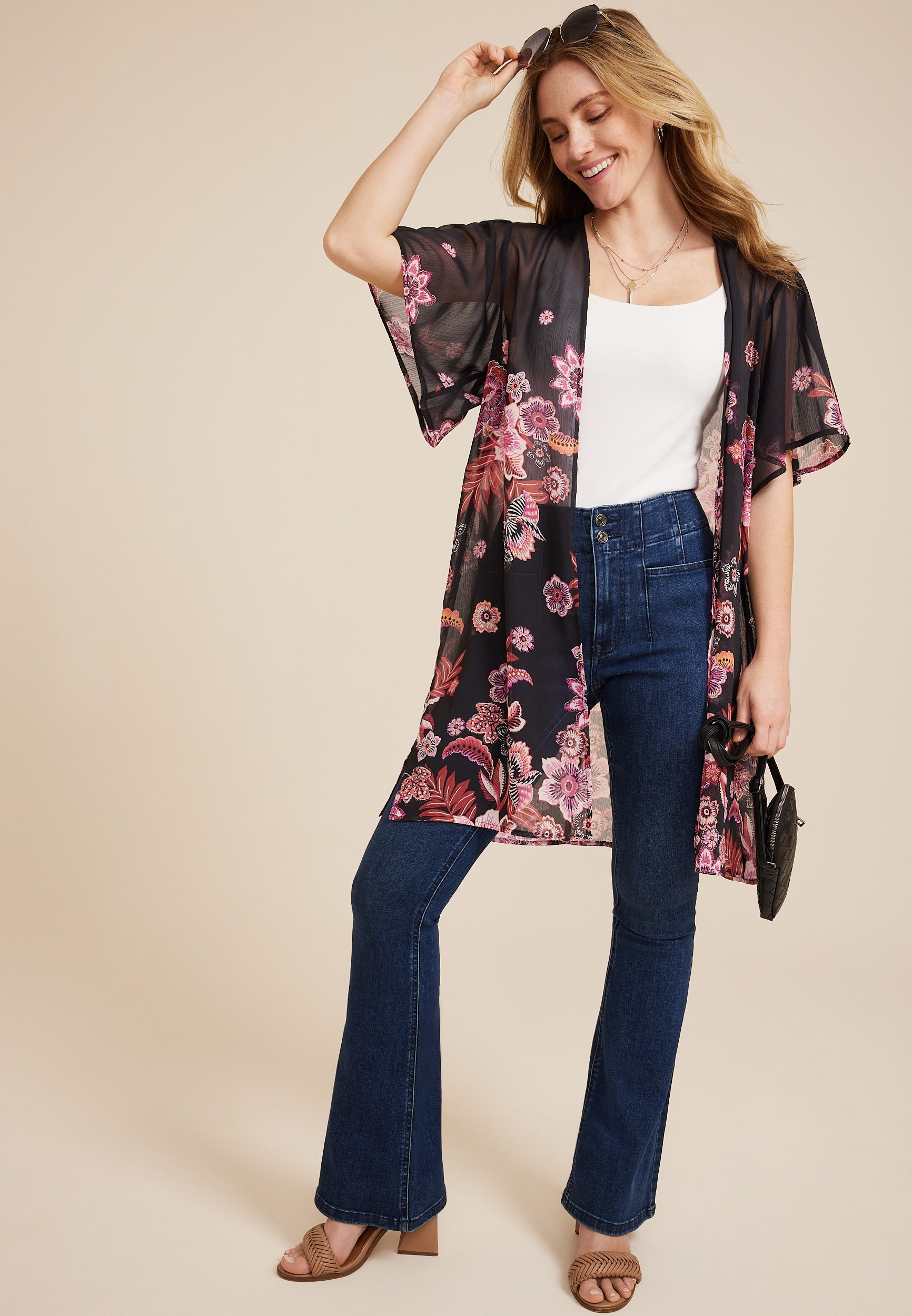 Black Floral Flutter Sleeve Kimono, C1756, large