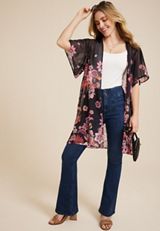 Black Floral Flutter Sleeve Kimono, C1756, small
