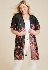 Plus Size Black Floral Flutter Sleeve Kimono, BLACK COMBO, small